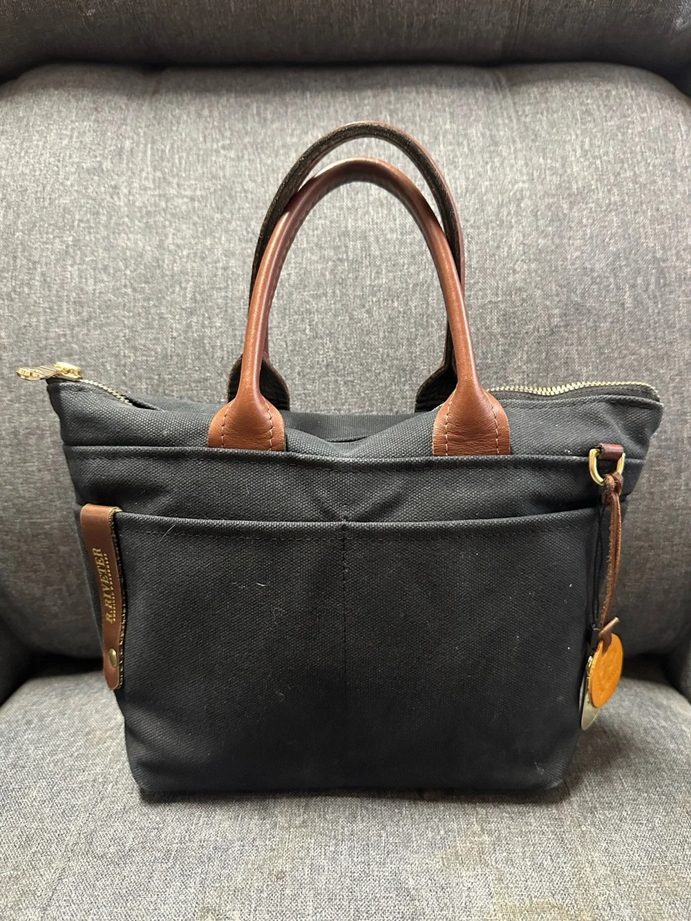 R. Riveter Dot Small Tote Bag in Black Washed Canvas + Brown Leather